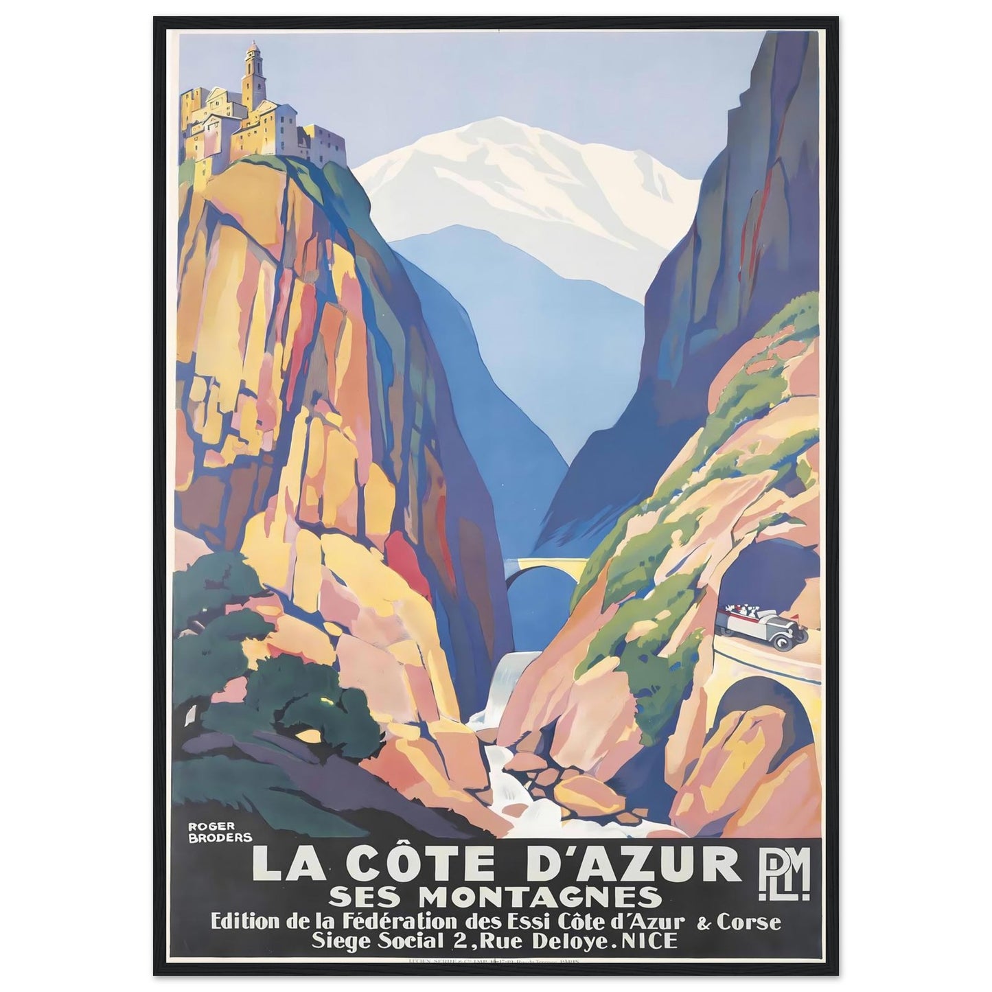 A classic black pine wooden frame with a matte finish, perfectly framing a vintage travel art print.
