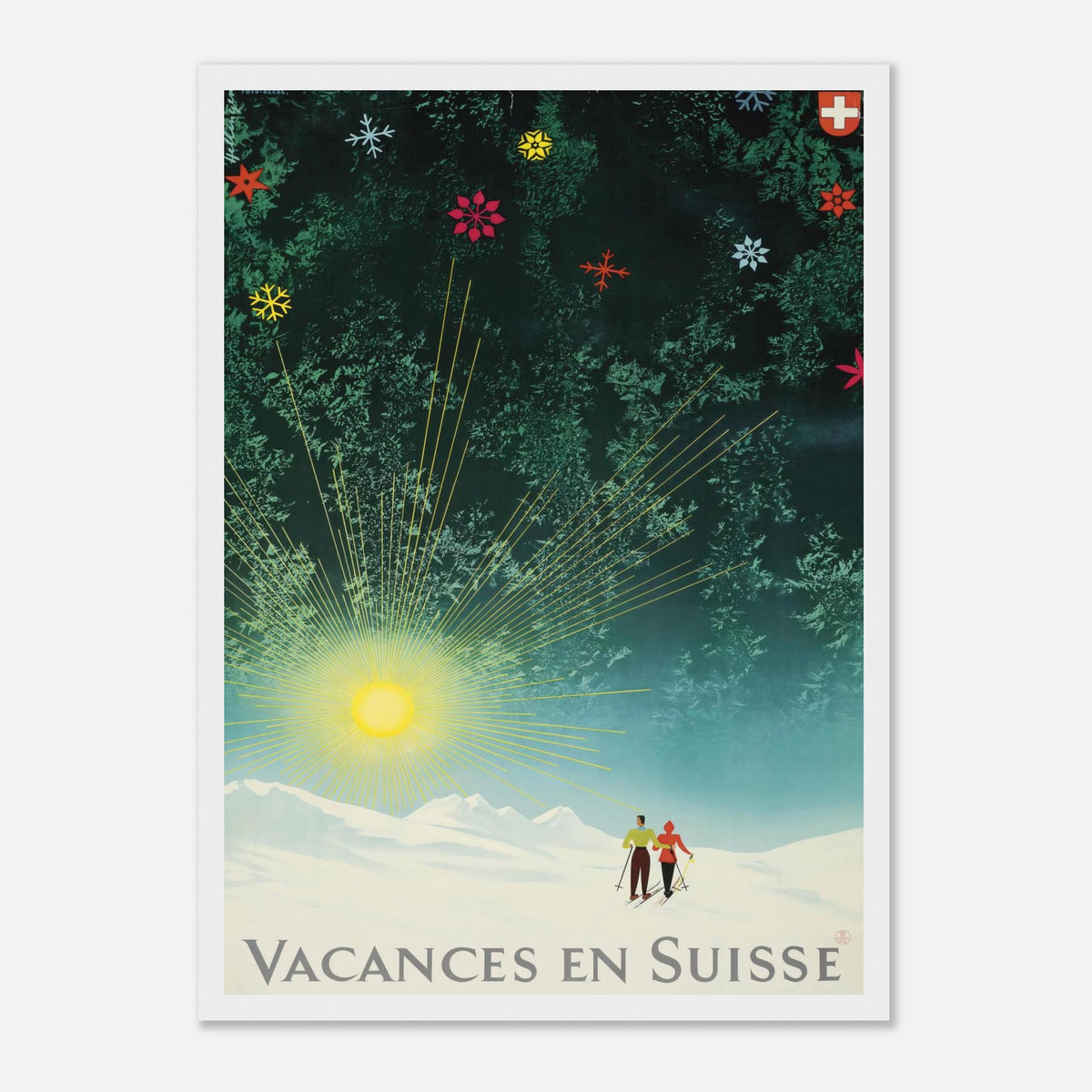 Vintage Vacances en Suisse sunburst and snowy pines Swiss by Donald Brun vintage ski and travel advertising poster print.
