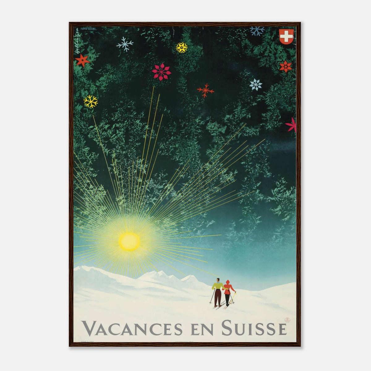Vintage Vacances en Suisse sunburst and snowy pines Swiss by Donald Brun vintage ski and travel advertising poster print.