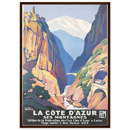 A dark brown pine wooden frame with a rustic visible grain, holding a vintage-style travel poster.