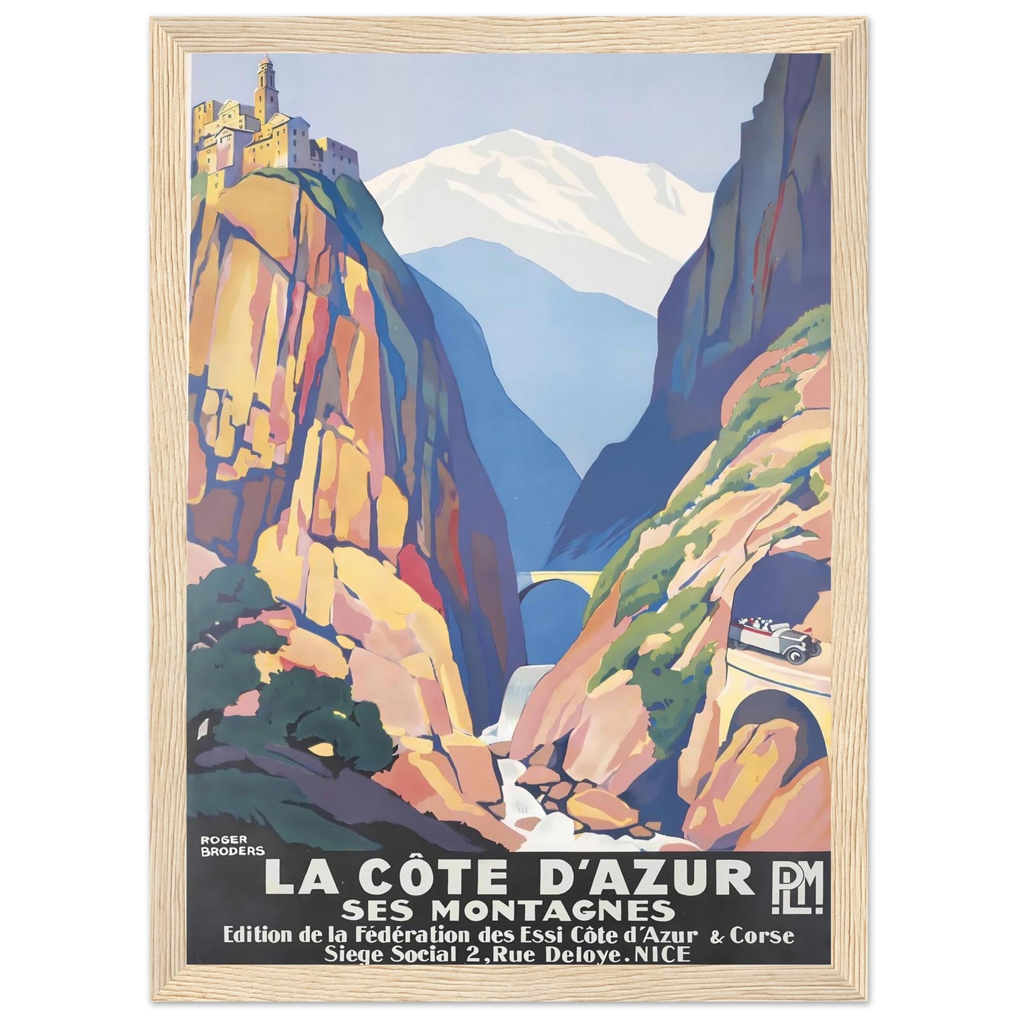 A light-toned natural pine wooden frame featuring an organic grain, displaying a classic travel poster.