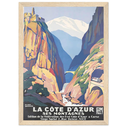 A light-toned natural pine wooden frame featuring an organic grain, displaying a classic travel poster.