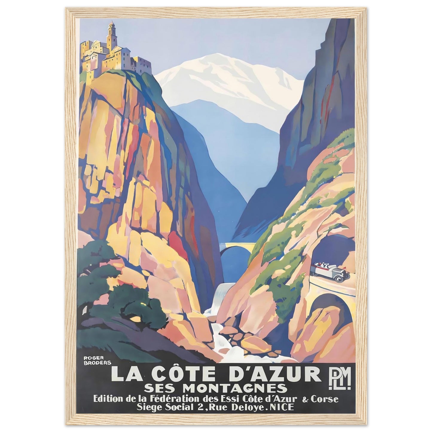 A light-toned natural pine wooden frame featuring an organic grain, displaying a classic travel poster.